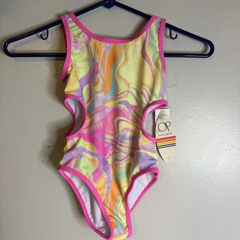 Ocean Pacific Girls 4 Pink Marble Cut Out One Piece Swimsuit with Mesh Skirt